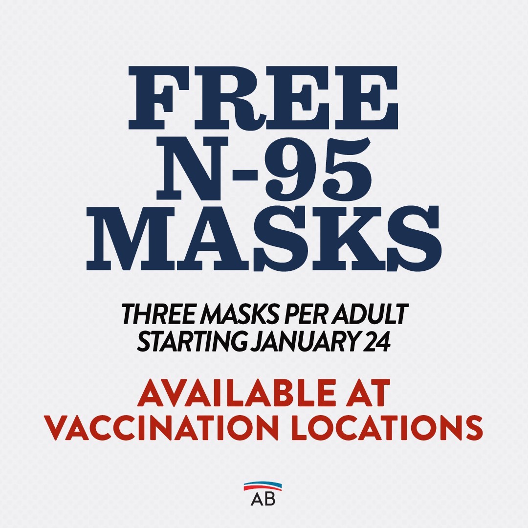 😷 NEW: Starting next week, @POTUS’ administration will distribute 𝟰𝟬𝟬 𝗠𝗜𝗟𝗟𝗜𝗢𝗡 high quality N95 masks to adults for free!𝙏𝙝𝙧𝙚𝙚 𝙢𝙖𝙨𝙠𝙨 𝙥𝙚𝙧 𝙖𝙙𝙪𝙡𝙩 will be available at COVID-19 vaccination locations.